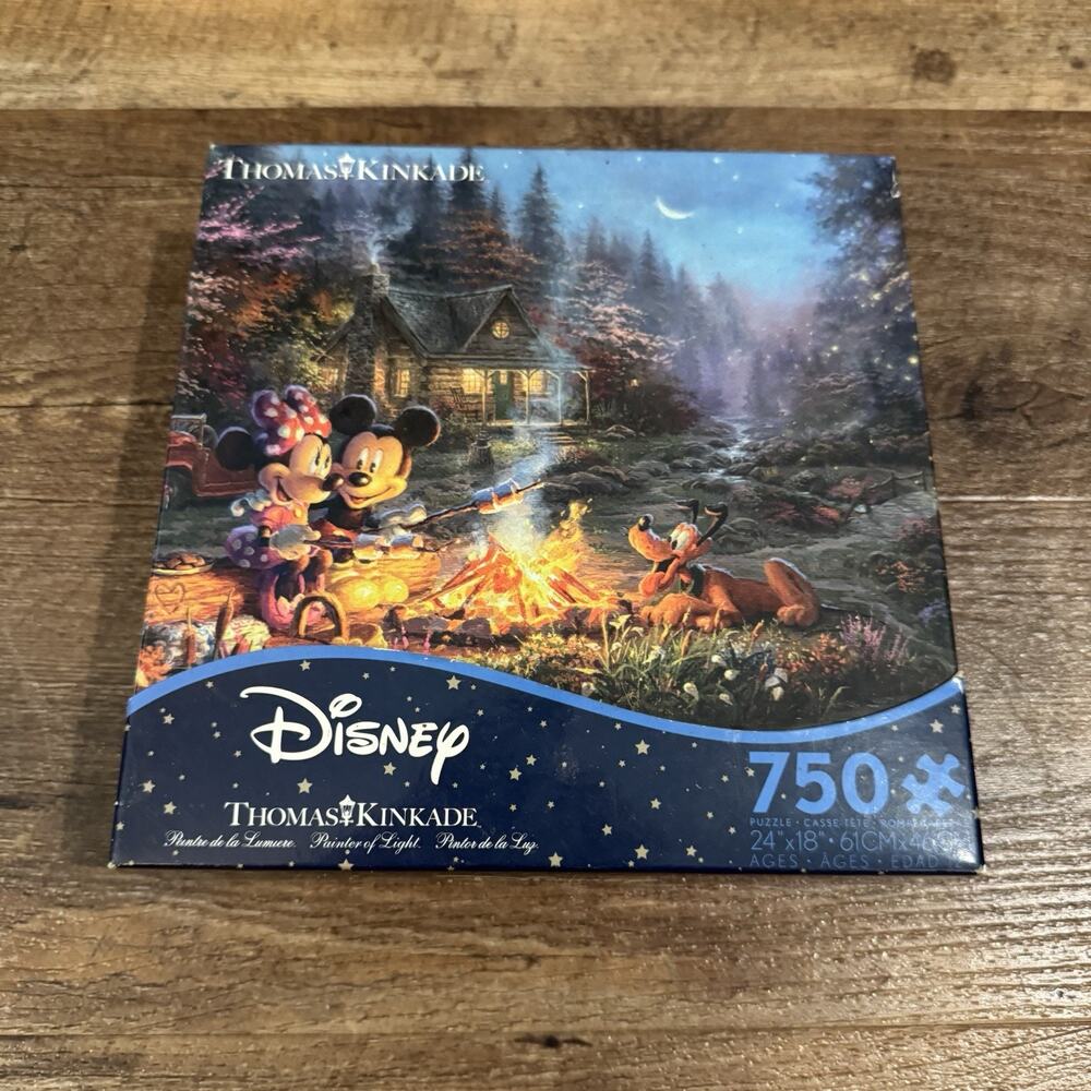 Disney Thomas Kinkade Minnie & Mickey Sweetheart Campfire 750 Piece Puzzle New
